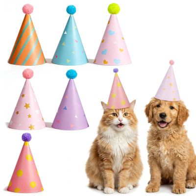 Tyqour 6-Piece Mini Party Hat Set for Small Pets with Pom-Poms