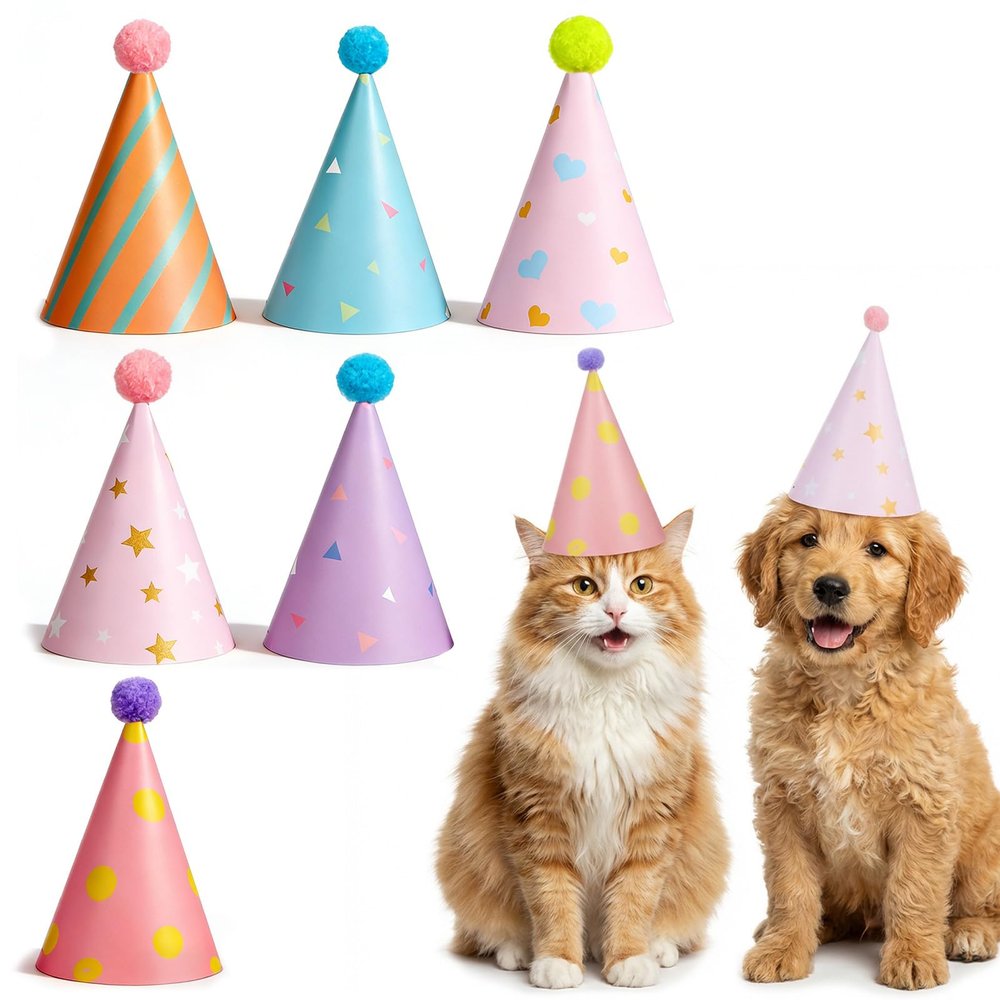 Tyqour 6-Piece Mini Party Hat Set for Small Pets with Pom-Poms