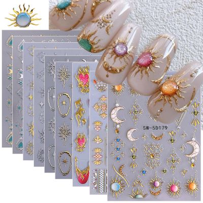 9 Sheets Sun Nail Stickers, Boho 5D/3D Embossed Metallic Designs
