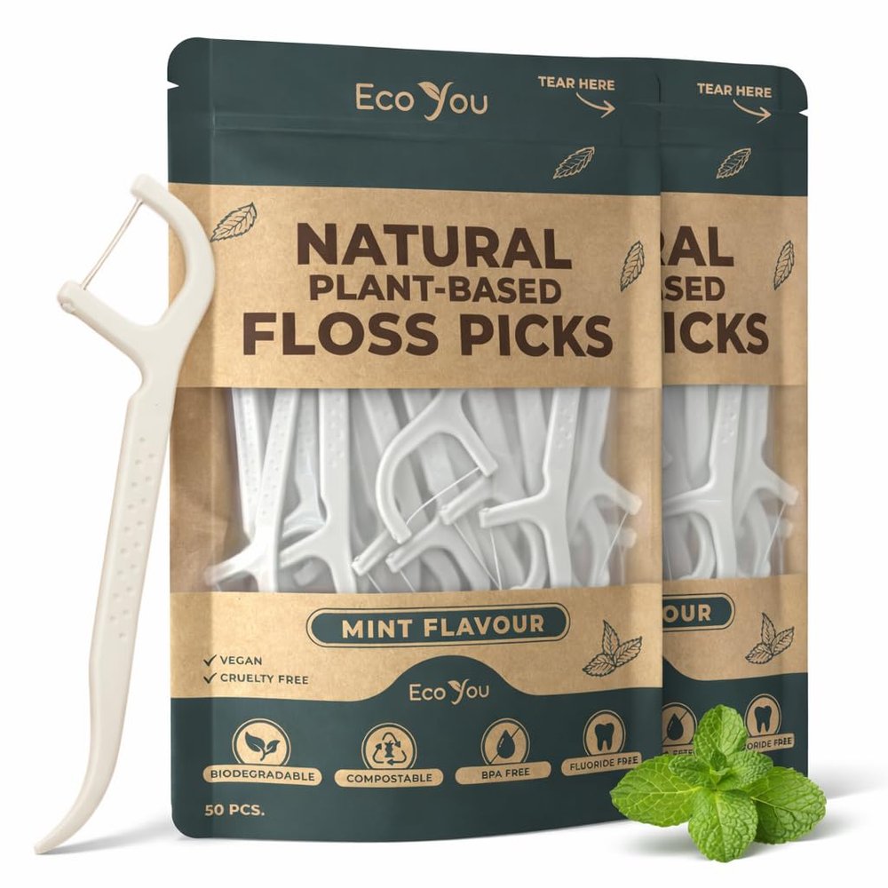 EcoYou Biodegradable Floss Picks, 50 Count (1 Pack) | Mint Flavor, Candelilla Wax | PFAS-Free | Sustainable and Reusable | Vegan and Cruelty-Free | Eco Floss Picks