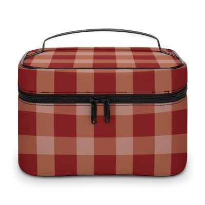 GVYGVY Large Travel Makeup Bag, Dark Red Gingham Pattern, Leather Cosmetic Case with Handle and Compartments