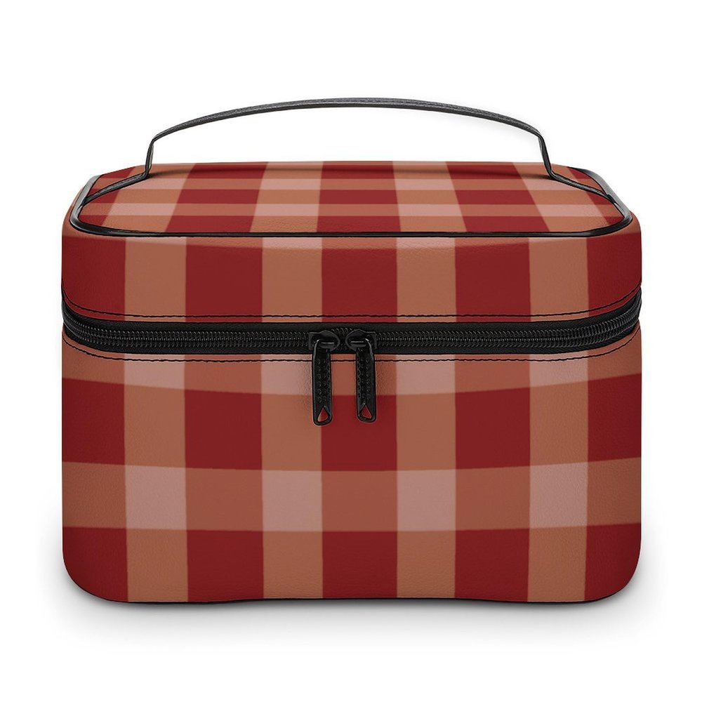 GVYGVY Large Travel Makeup Bag, Dark Red Gingham Pattern, Leather Cosmetic Case with Handle and Compartments