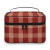 GVYGVY Large Travel Makeup Bag, Dark Red Gingham Pattern, Leather Cosmetic Case with Handle and Compartments view 1