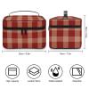 GVYGVY Large Travel Makeup Bag, Dark Red Gingham Pattern, Leather Cosmetic Case with Handle and Compartments view 2