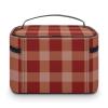 GVYGVY Large Travel Makeup Bag, Dark Red Gingham Pattern, Leather Cosmetic Case with Handle and Compartments view 3