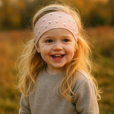 Wollhuhn KO MINI Kids' Wide Elastic Headband, Made in Germany, Cotton (Head Circumference 48–52 cm), Floral Pink/White