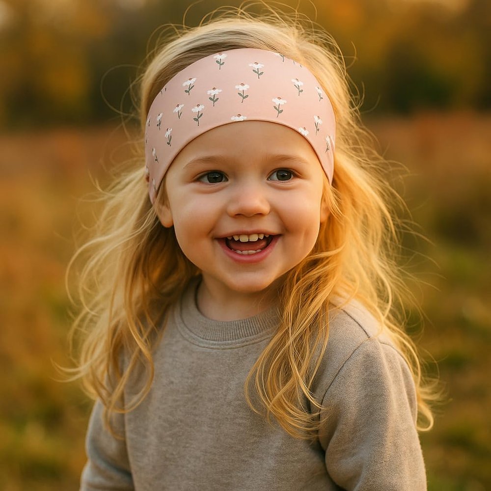 Wollhuhn KO MINI Kids' Wide Elastic Headband, Made in Germany, Cotton (Head Circumference 48–52 cm), Floral Pink/White