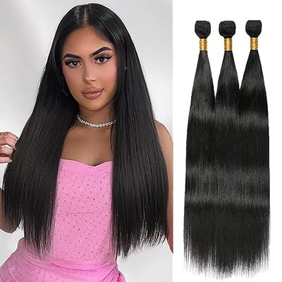 Weeybay Straight Human Hair Bundles, Double-Weft Extensions, Natural Black #1B, 20/22/24 in