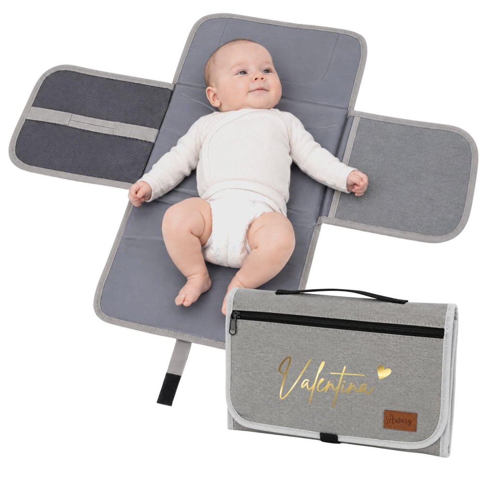 AWASG Personalized Baby Changing Mat with Name, Heart & Rainbow, Portable Travel Pad for Diapers and Wipes (Light Gray)