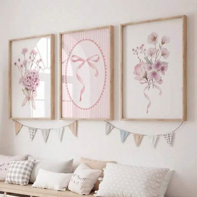 3-Piece Pink Bow and Botanical Flower Nursery Wall Art Set, 60 x 80 cm Each