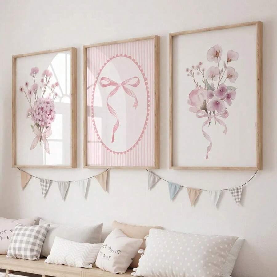 3-Piece Pink Bow and Botanical Flower Nursery Wall Art Set, 60 x 80 cm Each