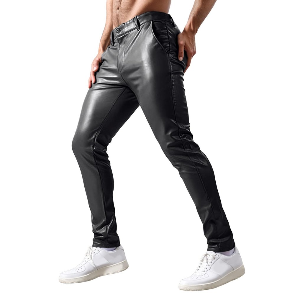 Men's Slim-Fit Wet-Look PU Leather Motorcycle Pants