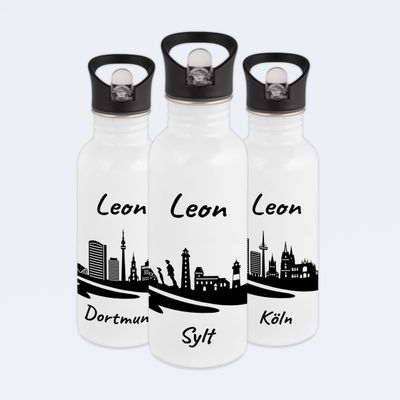 Gravur-Max Kids' Water Bottle 600 ml, Personalized, Leakproof Stainless Steel Bottle with Straw & Flip-Top Lid, Lightweight & Durable, Printed with Greetsiel Skyline & Custom Name – White
