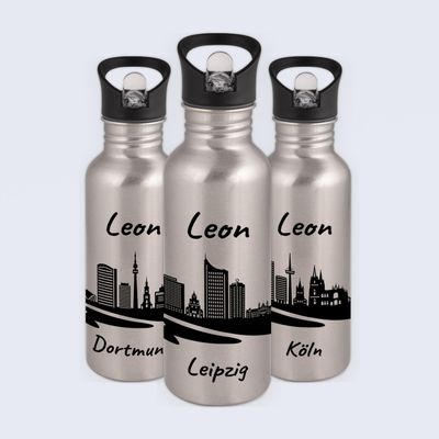 Gravur-Max Personalized Kids' Water Bottle 600 ml, Stainless Steel, Leakproof, with Straw & Flip Lid, BPA-Free, Silver