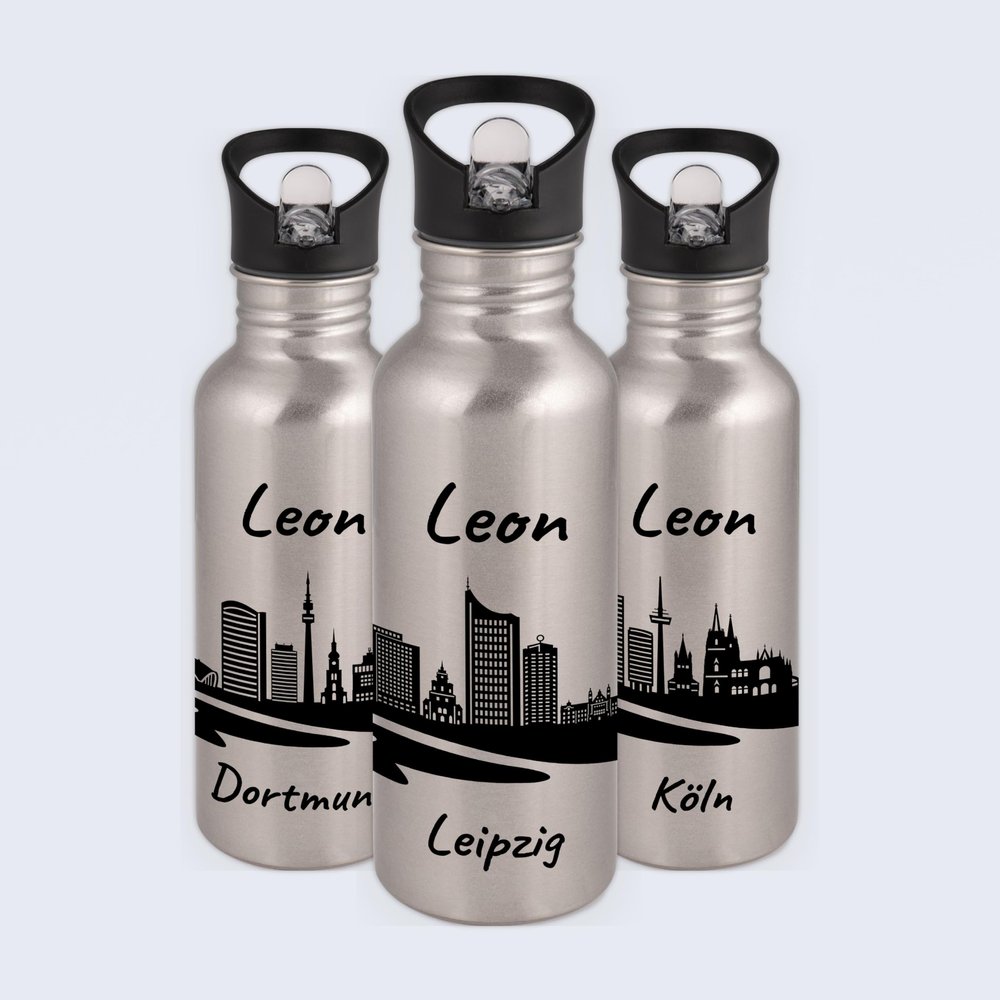 Gravur-Max Personalized Kids' Water Bottle 600 ml, Stainless Steel, Leakproof, with Straw & Flip Lid, BPA-Free, Silver