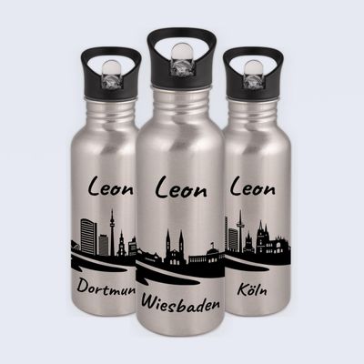 Gravur-Max Children's 600 ml Personalized Stainless Steel Water Bottle with Straw and Flip-Top Lid, Leakproof, BPA-Free, Silver
