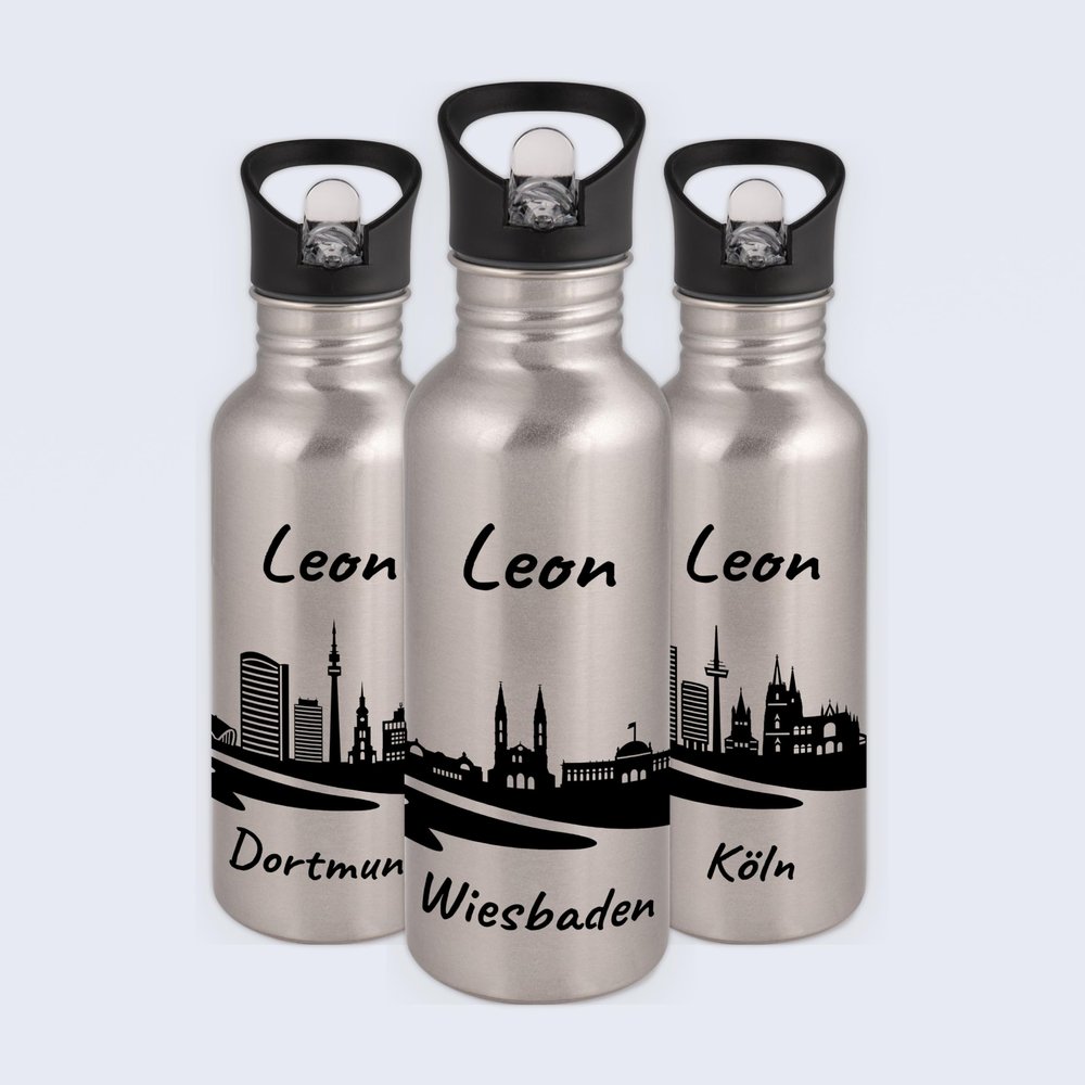 Gravur-Max Children's 600 ml Personalized Stainless Steel Water Bottle with Straw and Flip-Top Lid, Leakproof, BPA-Free, Silver