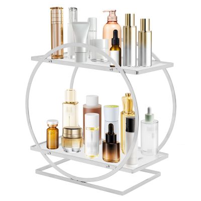 whsiodj 2-Tier Makeup Organizer, Acrylic and Metal, Raised Edge, Modern Design, Silver
