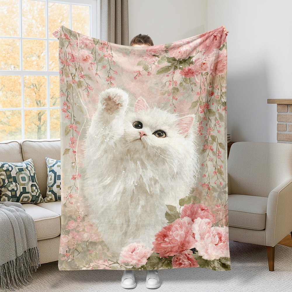Cat Throw Blanket with Romantic Peach Flowers, Soft Flannel, 127 x 152 cm