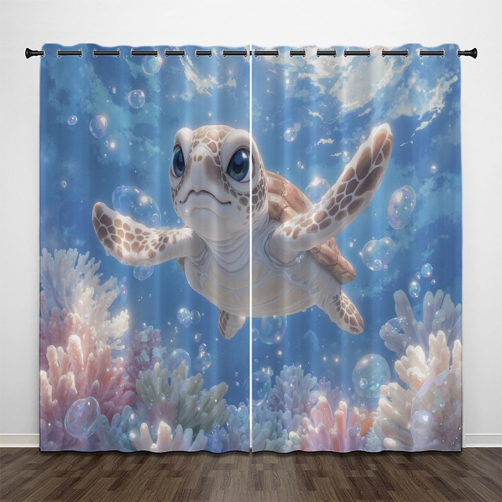 Cartoon Sea Turtle Coral Reef Blackout Curtains, 2-Piece Set, 95% Room Darkening, 245 x 140 cm