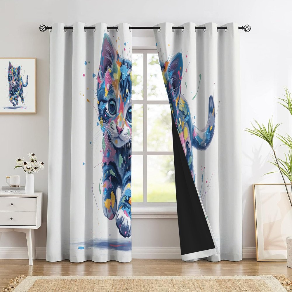 CEDNXOER Running Cat Curtains for Bedroom or Kids’ Room, 95% Blackout, 2-Piece Set