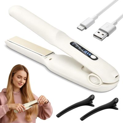 Focenat Cordless Hair Straightener 2-in-1 for Straightening & Curling, USB, 4000 mAh, 4 Temperature Settings, White