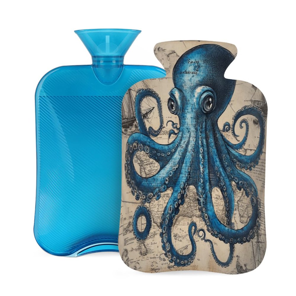 Hot Water Bottle with Soft Cover, Vintage Nautical Octopus, 2 L