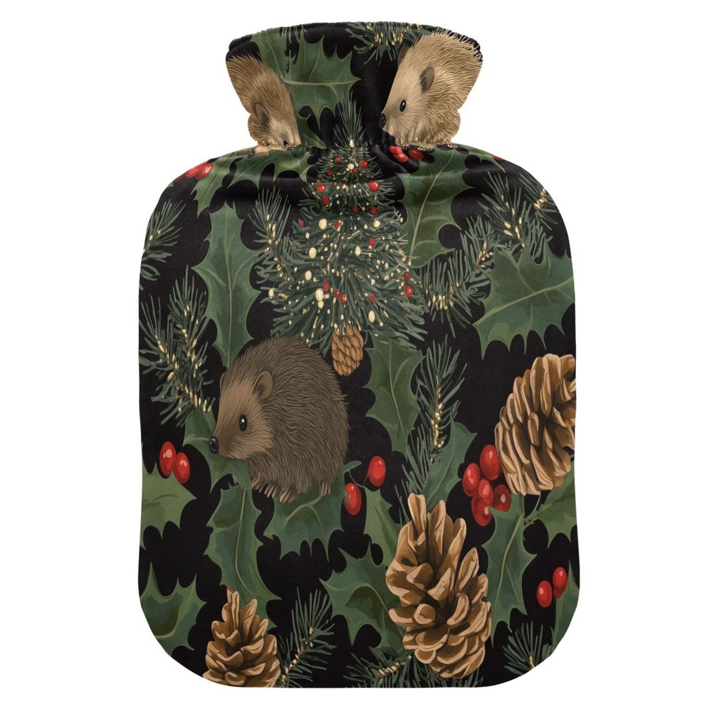 Hot Water Bottle, Hedgehog/Christmas Tree/Pine Cone, Fleece Cover, PVC, 2 L