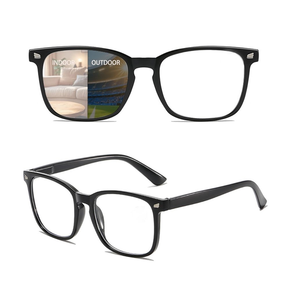 Generic Photochromic Blue-Light-Blocking Reading Glasses with Spring Hinges, Square Retro Frame, Black, +2.5