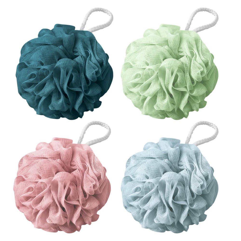 flintronic 4-Piece Bath Sponge Set, 60 g Shower Loofah Poufs, Pink, Blue, Green & Dark Blue