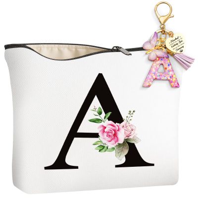 TUZELIYA Personalized Cosmetic Bag with Letter A Keychain