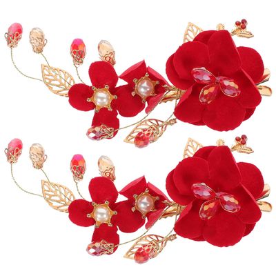 DECHOUS 2-Piece Bridal Hair Clips with Red Pearls and Rhinestones