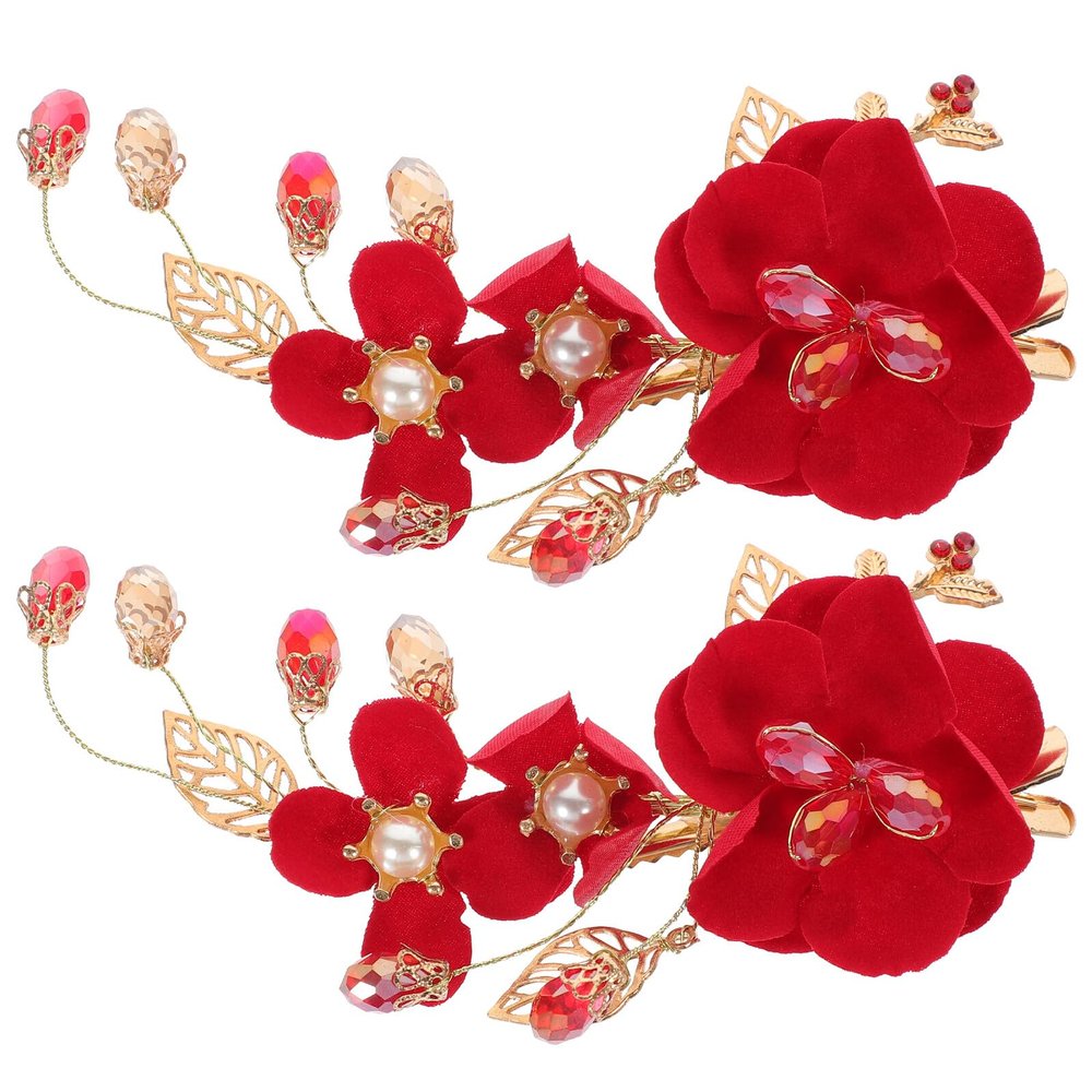 DECHOUS 2-Piece Bridal Hair Clips with Red Pearls and Rhinestones