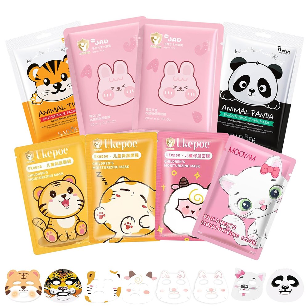 8 Sheet Face Masks for Kids with Animal Designs
