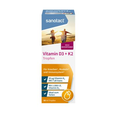 sanotact Vitamin D3 + K2 20 g + MK-7 Drops, 50 ml, High-Dose, 1,000 IU per Drop, for Bones, Muscles and Immune System, Vegetarian, Neutral Flavor, 360+ Day Supply