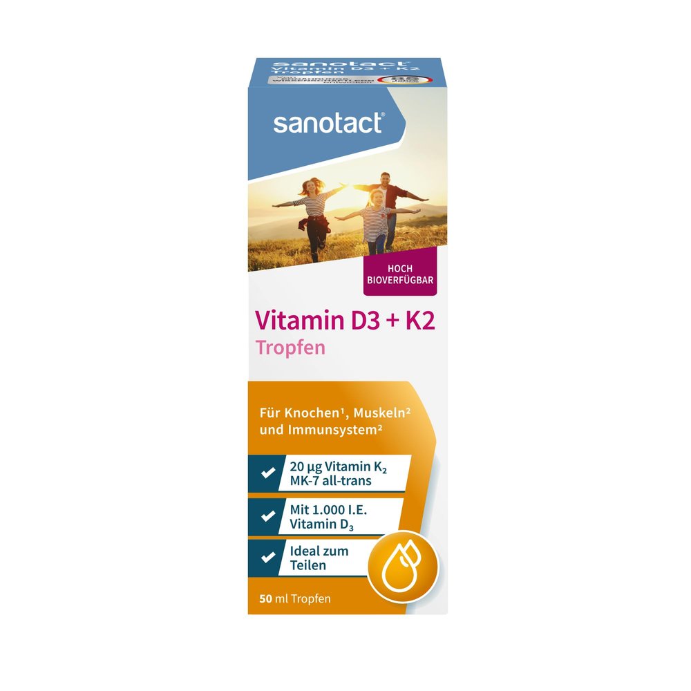sanotact Vitamin D3 + K2 20 g + MK-7 Drops, 50 ml, High-Dose, 1,000 IU per Drop, for Bones, Muscles and Immune System, Vegetarian, Neutral Flavor, 360+ Day Supply