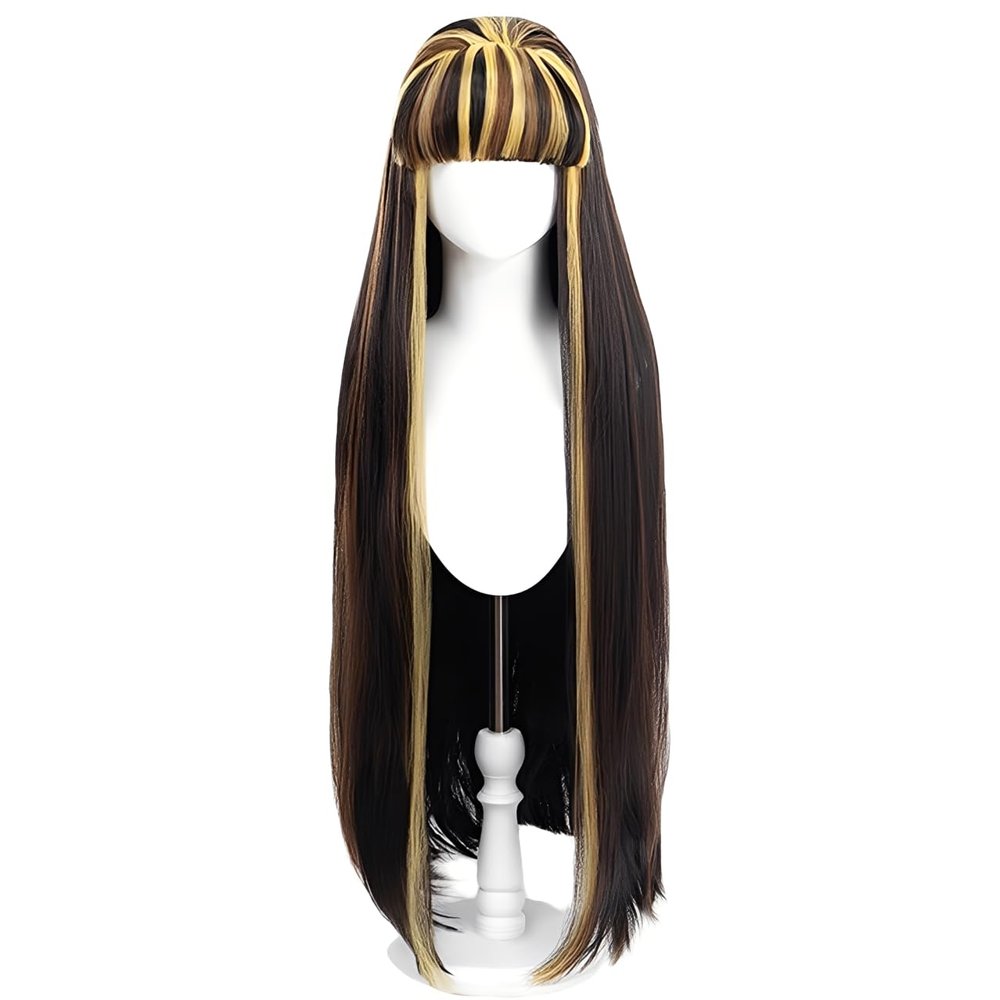 CGVG Long Black and Pink Cosplay Wig with Bangs for Halloween, Cosplay, Carnival, Mardi Gras, and Theme Parties (Black, Brown, Yellow)