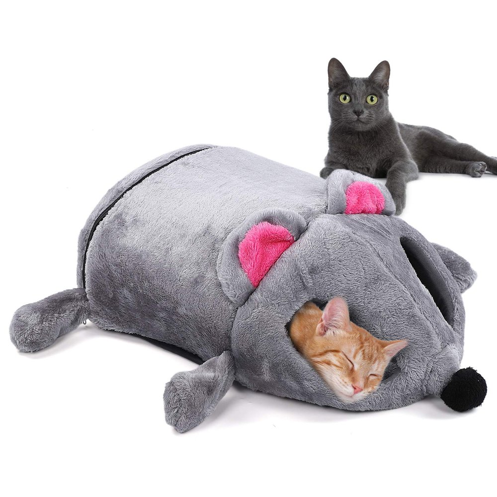 Kuuleyn Plush Cat Cave Bed with Foam Core, Gray