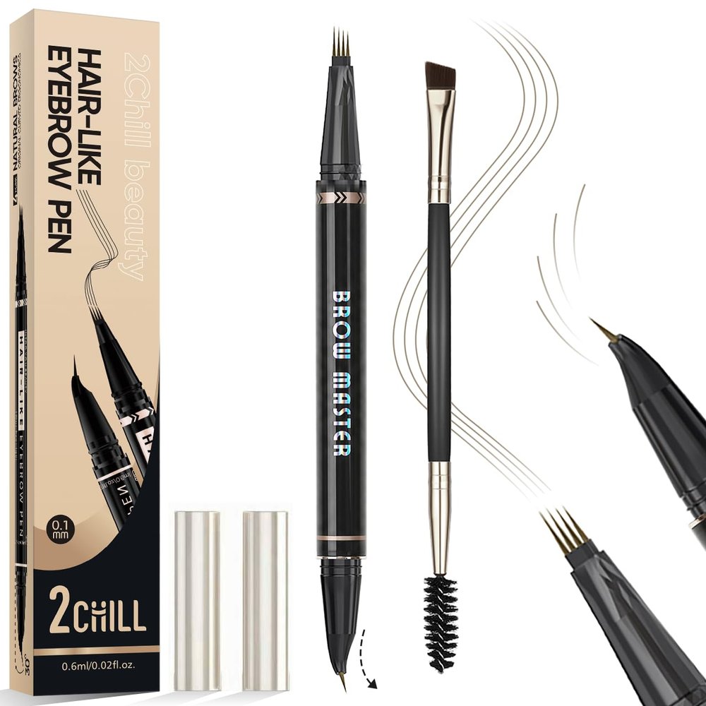 2CHILL 30° Curved Eyebrow Pencil, 2-in-1 Waterproof Microblading Pen, 4 Tips, Light Brown