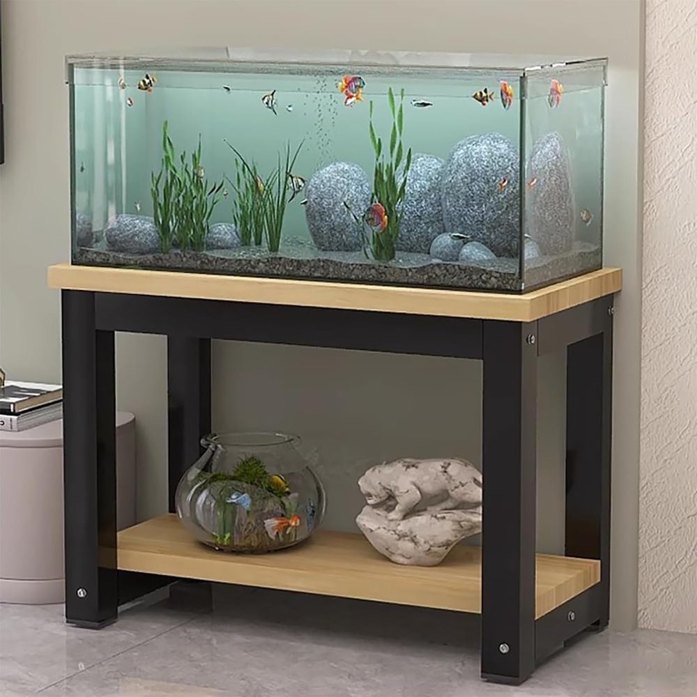 Sturdy Metal Aquarium Stand with Storage, 2-Tier Aquarium and Reptile Shelf, MDF, Plant Stand, Beige and Black, 70 x 40 cm