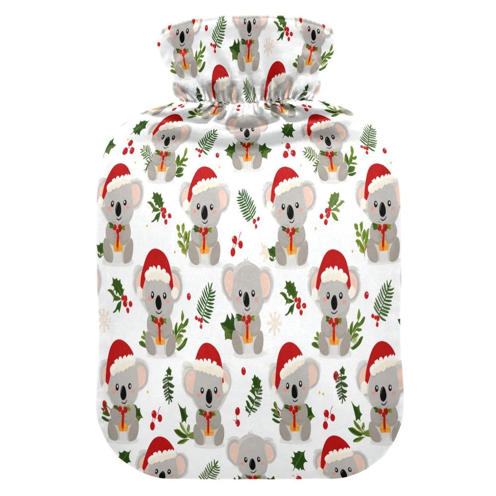 Koala Holly Leaf Print Hot Water Bottle with Fleece Cover, 2 L