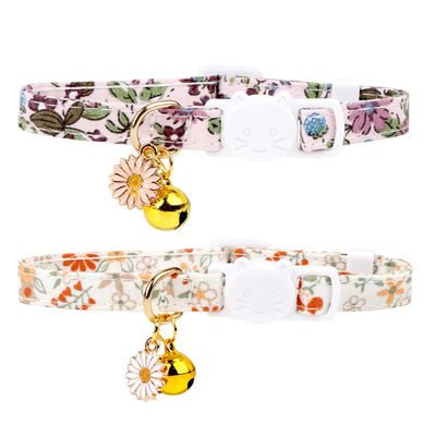 MOTIBACK 2-Pack Cat Collars with Safety Buckles and Bells, Adjustable, Floral Pattern, Purple and Orange