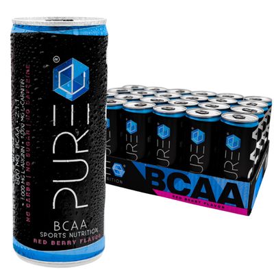 PURE Sports Nutrition BCAA Red Berry, 24 x 250 mL, Caffeine-Free, Zero Sugar, No Carbs, 2:1:1 Aminos, 800 mg BCAA, 1,000 mg L-Arginine & 1,000 mg L-Carnitine