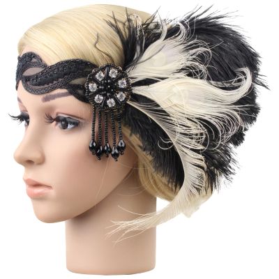 Generic Flapper 1920s Vintage Black and White Pearl Feather Tassel Headpiece for Women, Adjustable Art Deco Party Accessory
