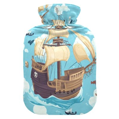Hot Water Bottle with Pirate Ship Pattern, Fleece Cover, PVC, 1 Liter