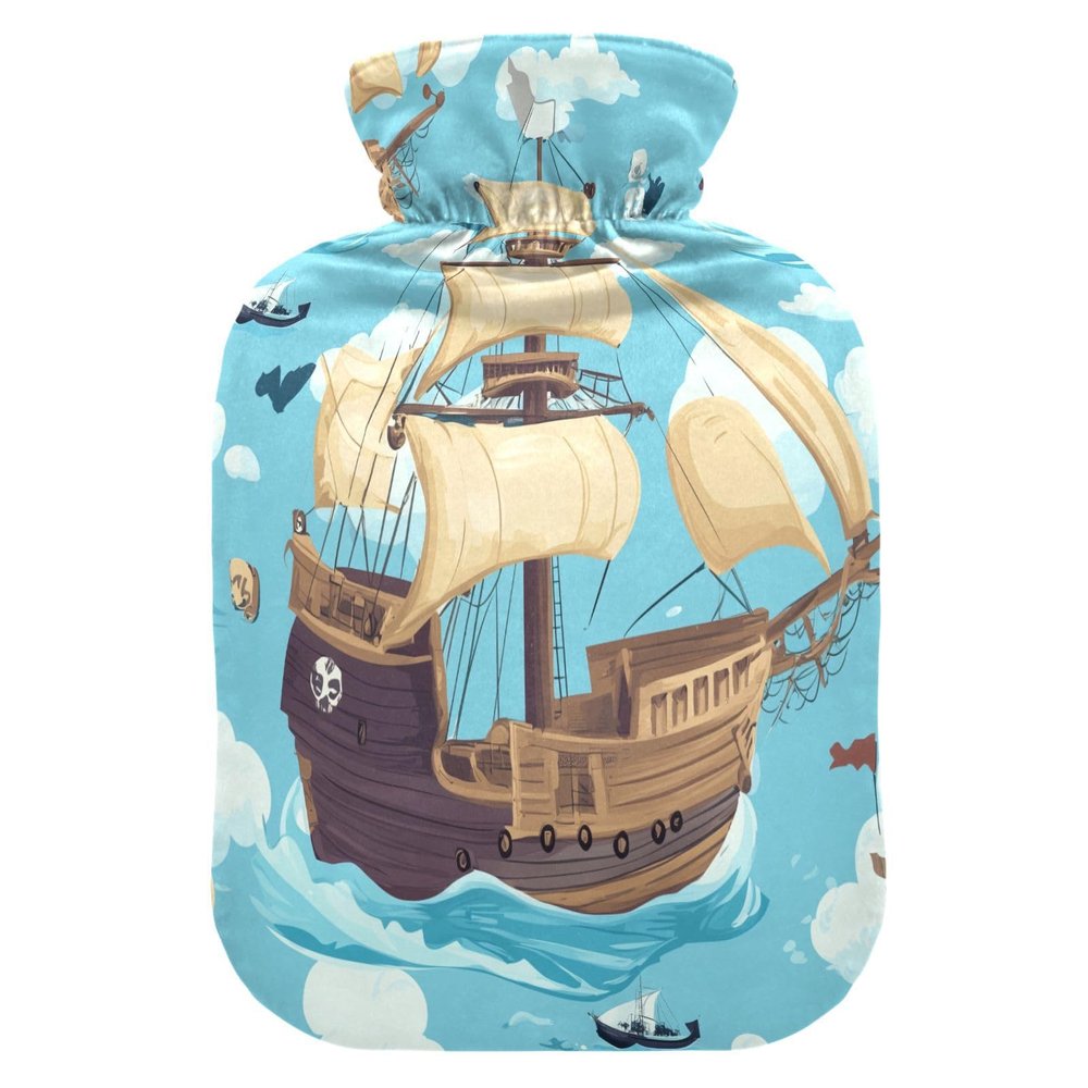 Hot Water Bottle with Pirate Ship Pattern, Fleece Cover, PVC, 1 Liter
