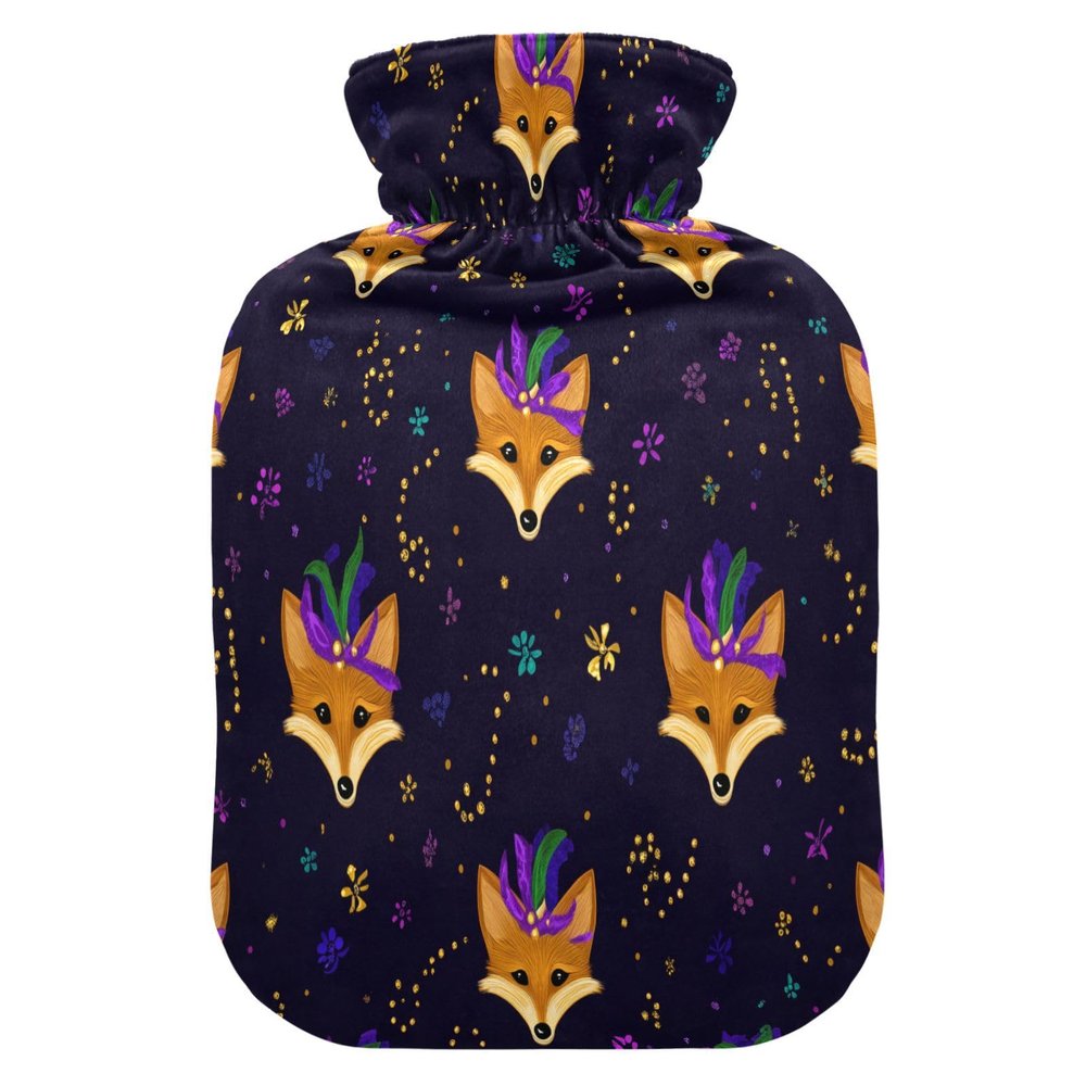Fox Mardi Gras Beads Hot Water Bottle with Fleece Cover, PVC, 1 Liter