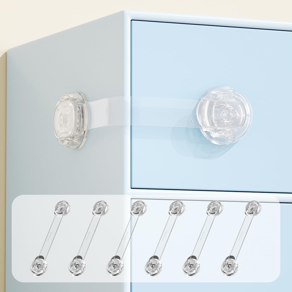 SAFELON 6-Pack Childproof Cabinet Strap Locks, Drawer Locks, Cabinet and Toilet Safety Locks, No Tools Required (Clear)