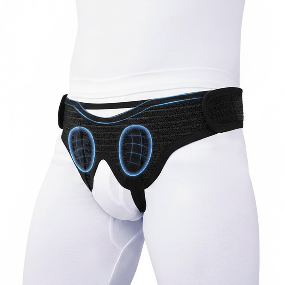 YGER JZGB Inguinal Hernia Belt for Men and Women with 2 Compression Pads, Adjustable for Unilateral or Bilateral Use, Black, M