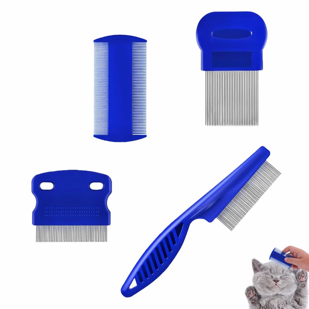 4-Piece Metal-Tooth Flea, Tear Stain, Lice and Dust Comb Set for Cats and Dogs